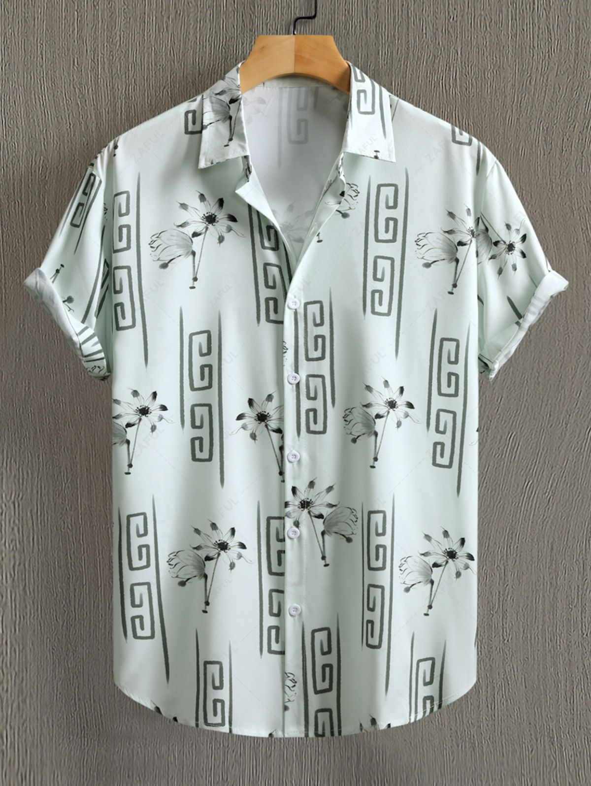 Men\'s Geometric Floral Print Button Up Casual Vacation Short Sleeves Shirt LIGHT GREEN - PURECLO