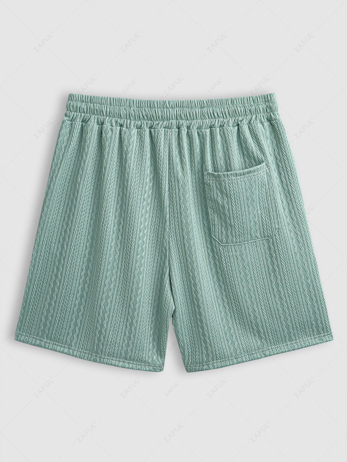Men\'s Casual Cable Jacquard Textured Quarter Zip Polo Collar Short Sleeves T-shirt And Drawstring Shorts Set LIGHT GREEN - PURECLO