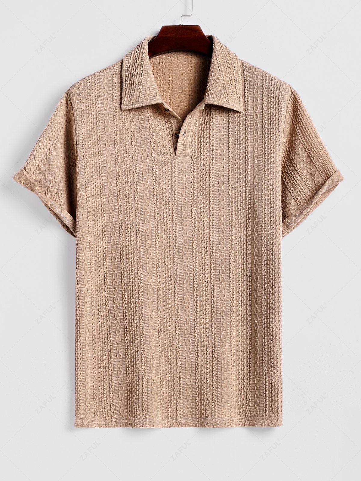 Men\'s Cable Knit Jacquard Textured Polo Collar Half Buttoned Short Sleeves T-shirt COFFEE - PURECLO