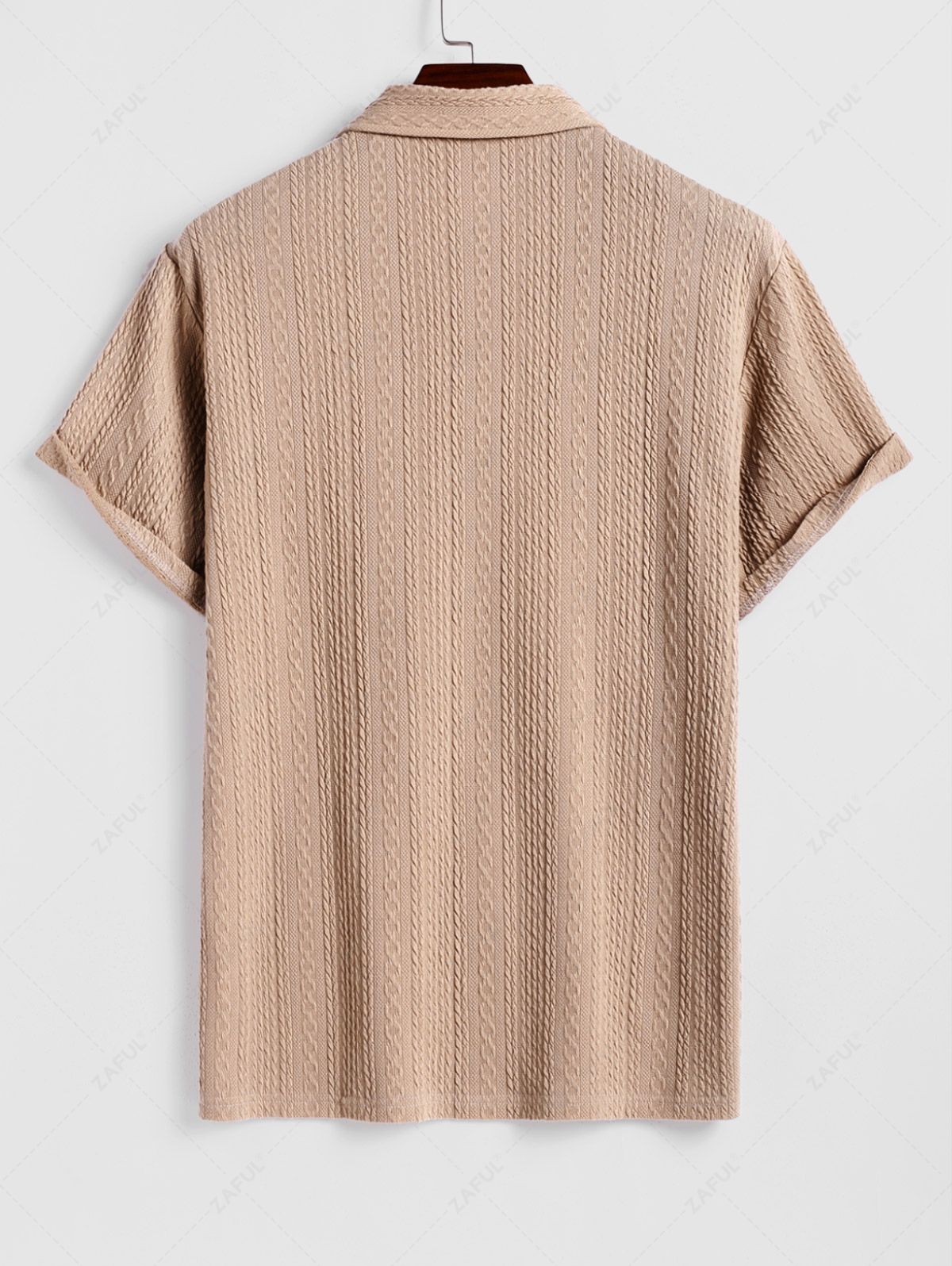 Men\'s Cable Knit Jacquard Textured Polo Collar Half Buttoned Short Sleeves T-shirt COFFEE - PURECLO
