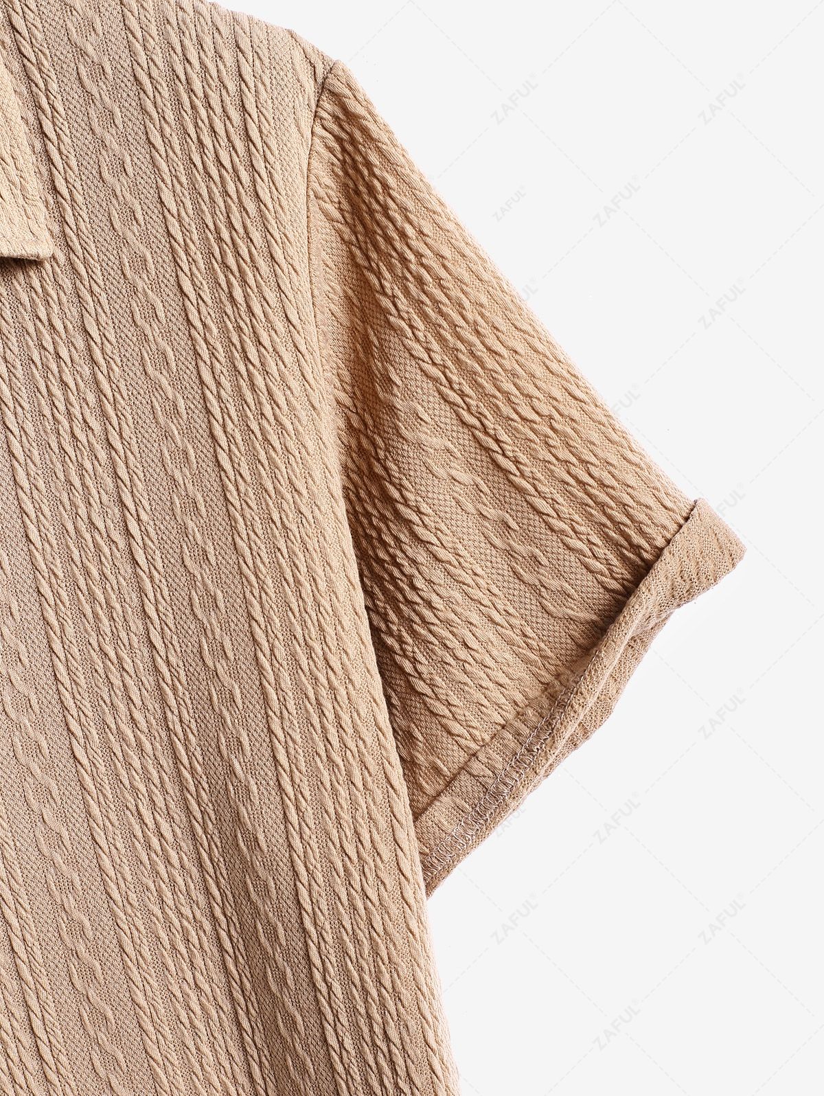 Men\'s Cable Knit Jacquard Textured Polo Collar Half Buttoned Short Sleeves T-shirt COFFEE - PURECLO
