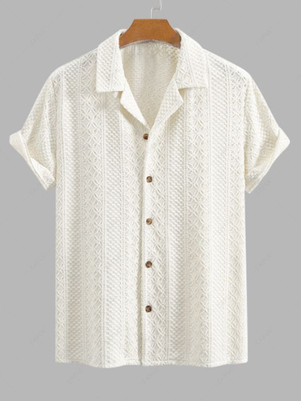 Men\'s Crochet Openwork Jacquard Camp Collar Button Up Short Sleeves Shirt BEIGE - PURECLO