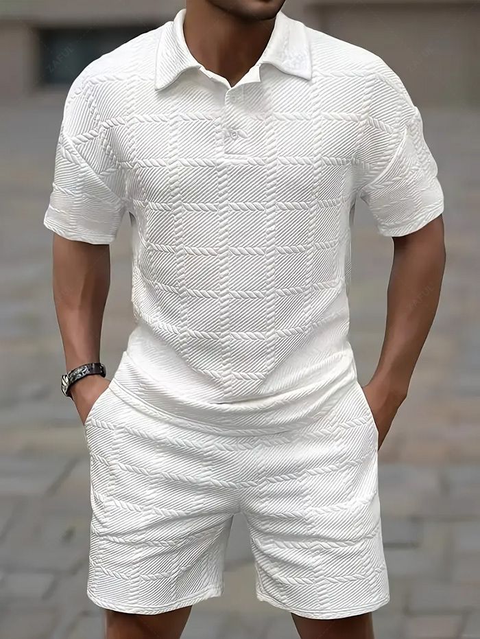 Men\'s Square Grid Jacquard Textured Polo Collar Short Sleeves T-shirt WHITE - PURECLO