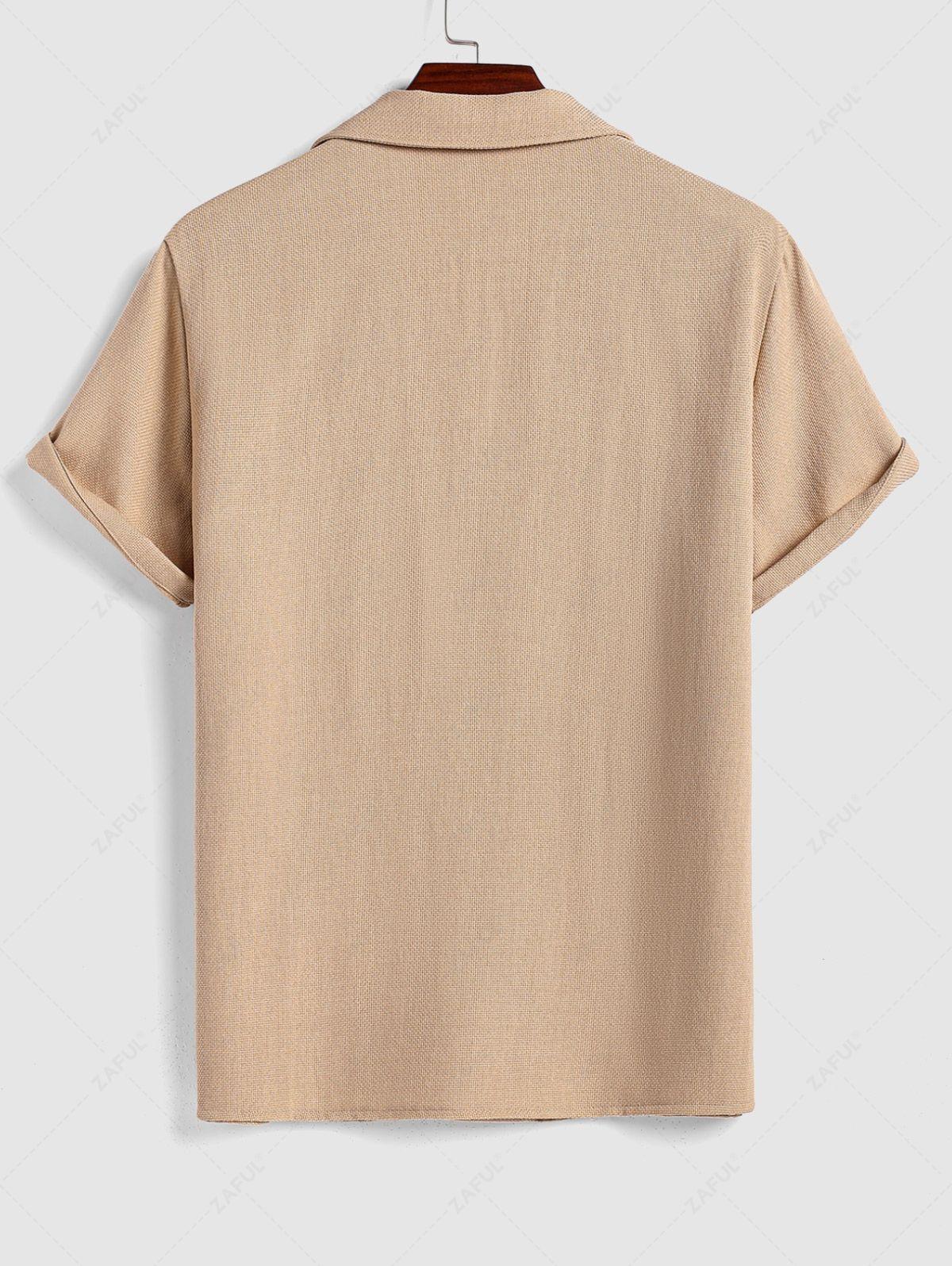 Men\'s Cotton And Linen Textured Pocket Design Camp Collar Button Up Short Sleeves Shirt And Drawstring Straight Leg Pants Set BLACK LIGHT BLUE COFFEE - PURECLO