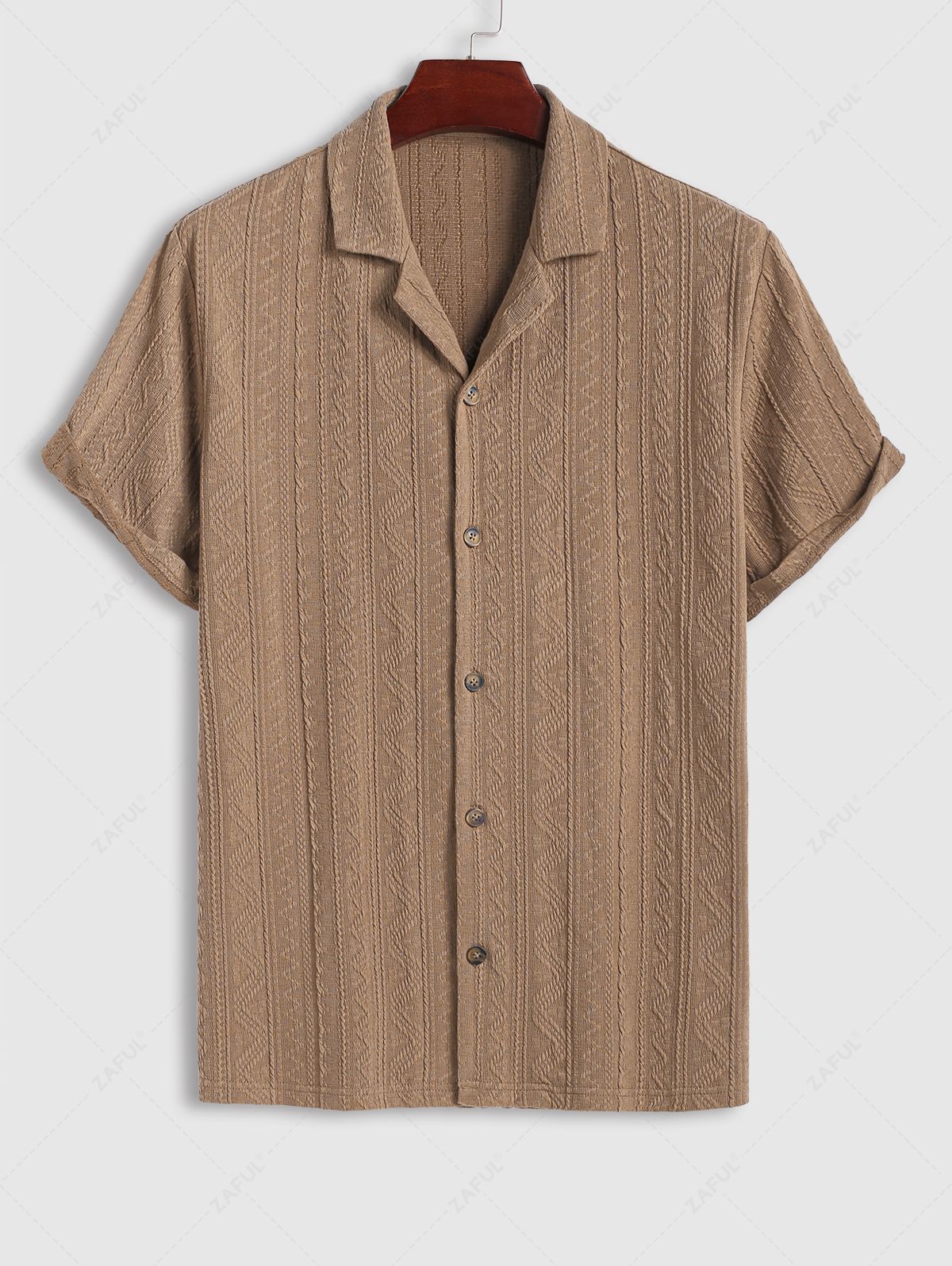 Men\'s Geometric Knit Jacquard Textured Camp Collar Button Up Short Sleeves Shirt DEEP COFFEE - PURECLO