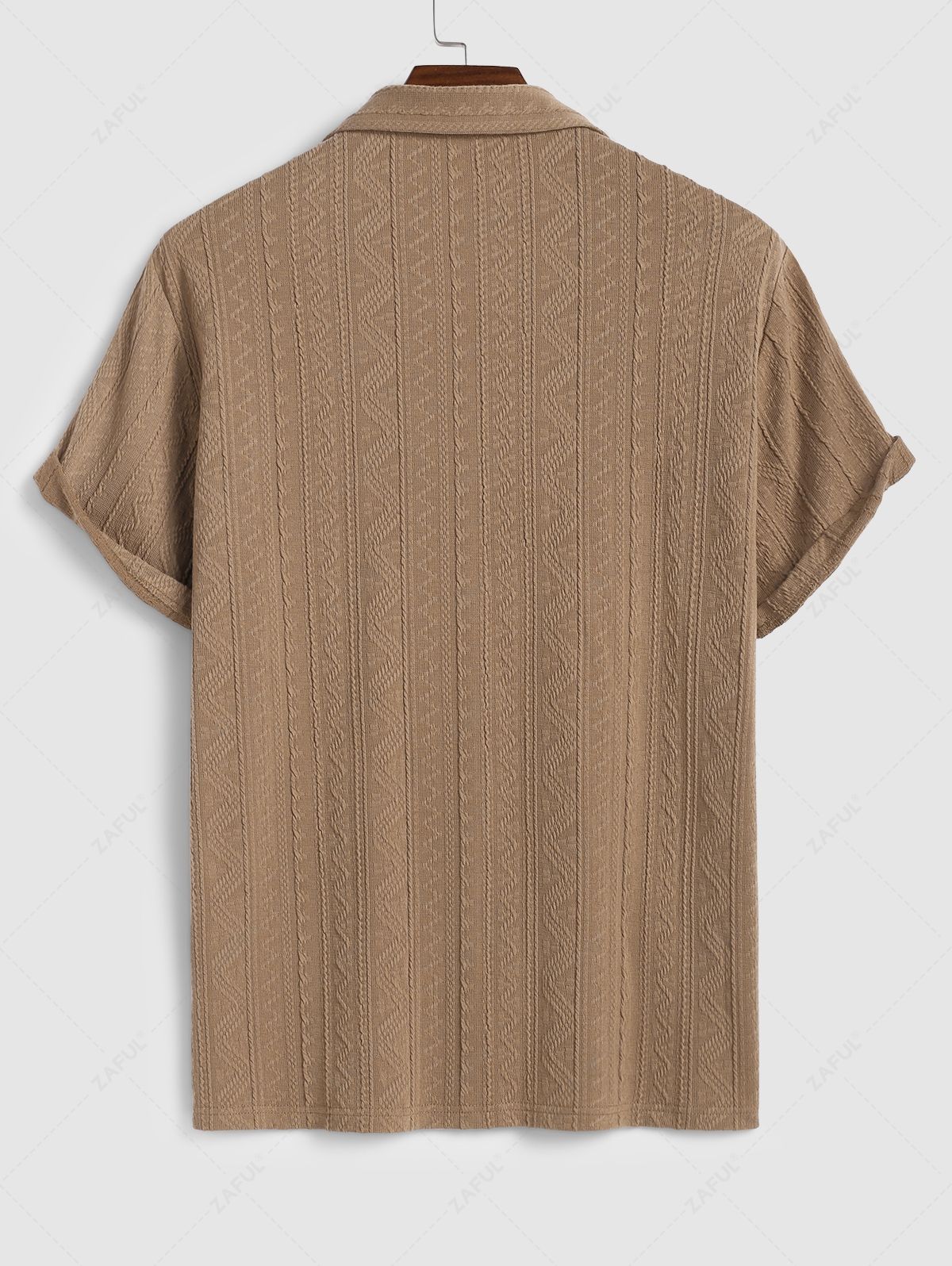 Men\'s Geometric Knit Jacquard Textured Camp Collar Button Up Short Sleeves Shirt DEEP COFFEE - PURECLO