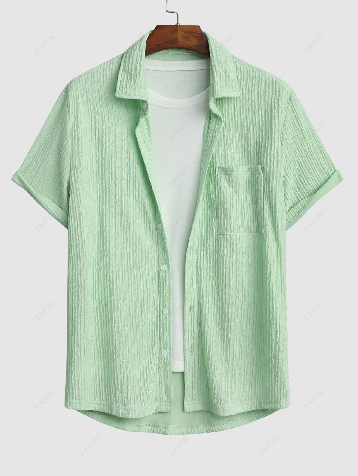 Men\'s Casual Solid Color Wrinkle Textured Pocket Design Button Up Short Sleeves Shirt LIGHT GREEN - PURECLO
