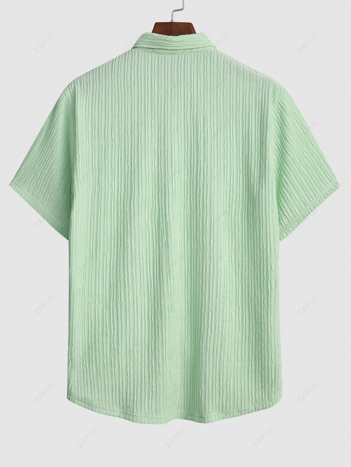 Men\'s Casual Solid Color Wrinkle Textured Pocket Design Button Up Short Sleeves Shirt LIGHT GREEN - PURECLO