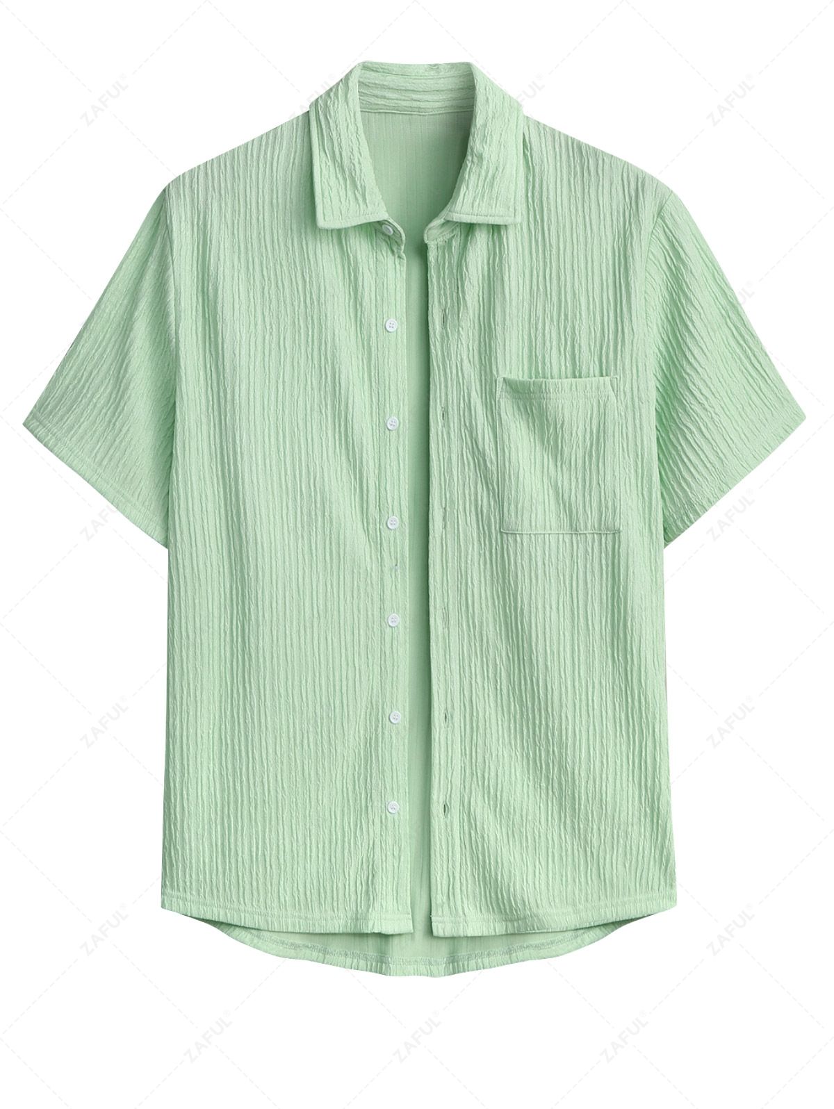 Men\'s Casual Solid Color Wrinkle Textured Pocket Design Button Up Short Sleeves Shirt LIGHT GREEN - PURECLO