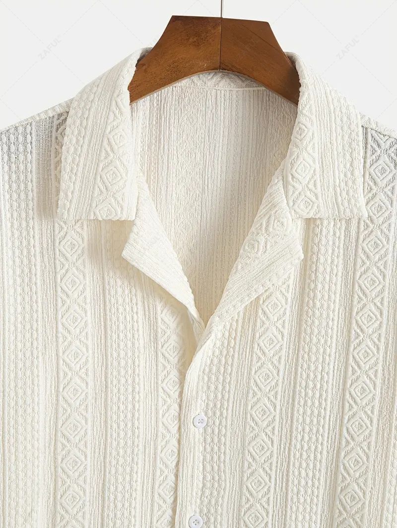 Men\'s Solid Color Geometric Textured Camp Collar Button Up Short Sleeves Shirt CHAMPAGNE - PURECLO