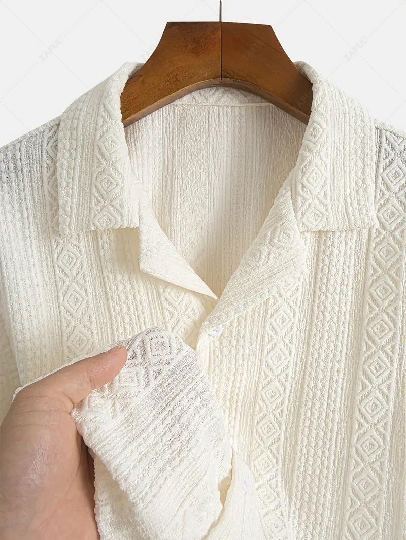 Men\'s Solid Color Geometric Textured Camp Collar Button Up Short Sleeves Shirt CHAMPAGNE - PURECLO