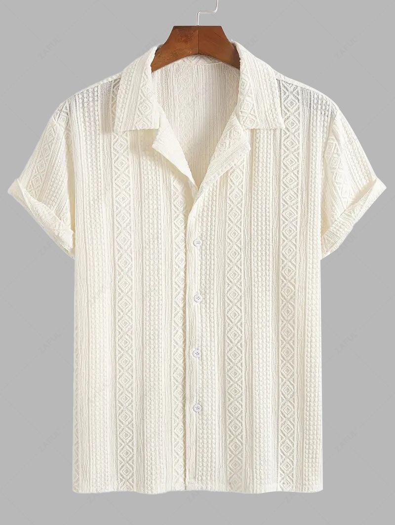 Men\'s Solid Color Geometric Textured Camp Collar Button Up Short Sleeves Shirt CHAMPAGNE - PURECLO