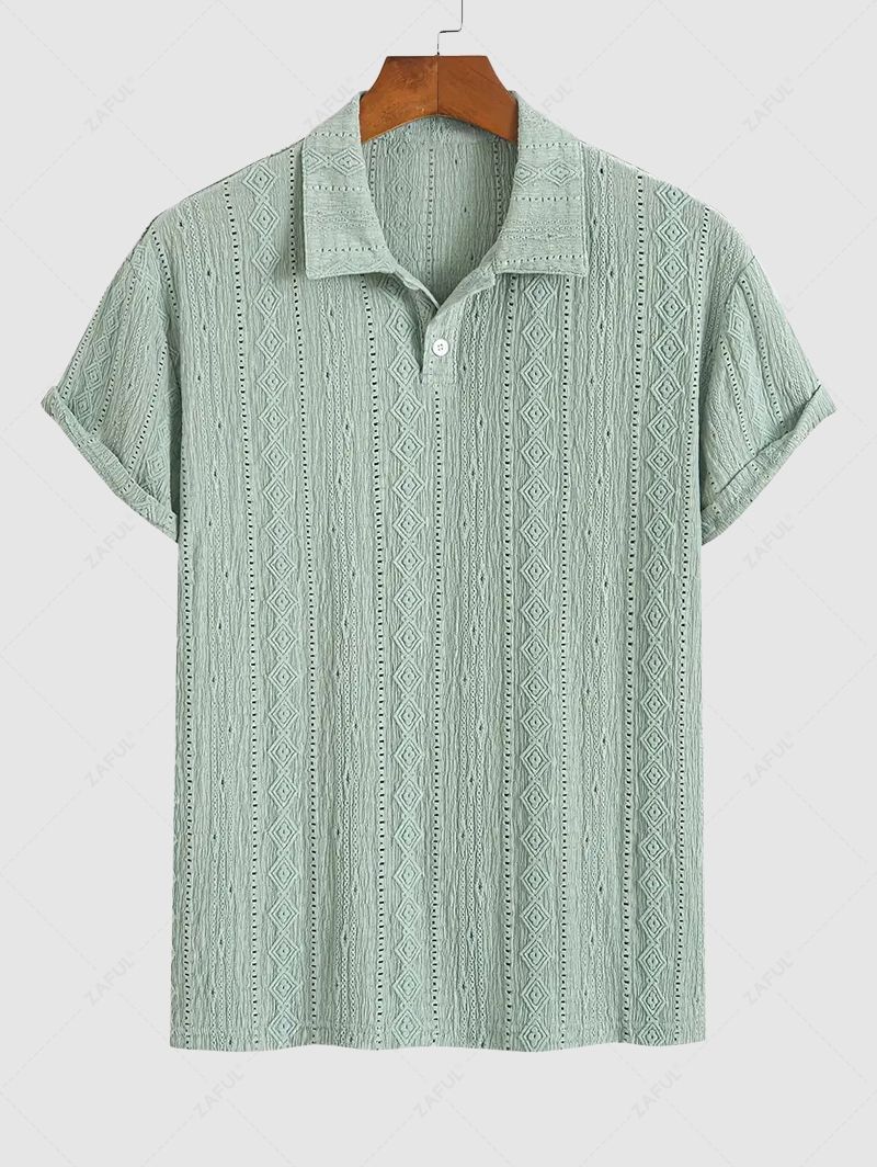 Men\'s Solid Color Textured Openwork Polo Collar Half Buttoned Short Sleeves Shirt LIGHT GREEN DEEP COFFEE - PURECLO