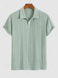 Men\'s Solid Color Textured Openwork Polo Collar Half Buttoned Short Sleeves Shirt LIGHT GREEN DEEP COFFEE - PURECLO