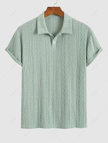 Men\'s Solid Color Textured Openwork Polo Collar Half Buttoned Short Sleeves Shirt LIGHT GREEN DEEP COFFEE - PURECLO