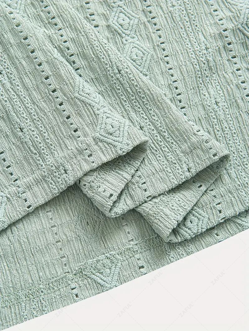 Men\'s Solid Color Textured Openwork Polo Collar Half Buttoned Short Sleeves Shirt LIGHT GREEN DEEP COFFEE - PURECLO