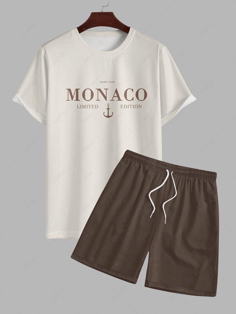 Men\'s Monaco Yacht Club Letter Anchor Graphic Printed Crew Neck Short Sleeves T-shirt And Drawstring Casual Shorts Set WARM WHITE WHITE BLUE BLACK - PURECLO
