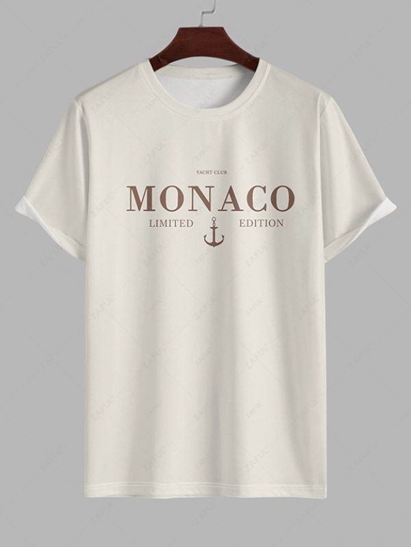 Men\'s Monaco Yacht Club Letter Anchor Graphic Printed Crew Neck Short Sleeves T-shirt And Drawstring Casual Shorts Set WARM WHITE WHITE BLUE BLACK - PURECLO