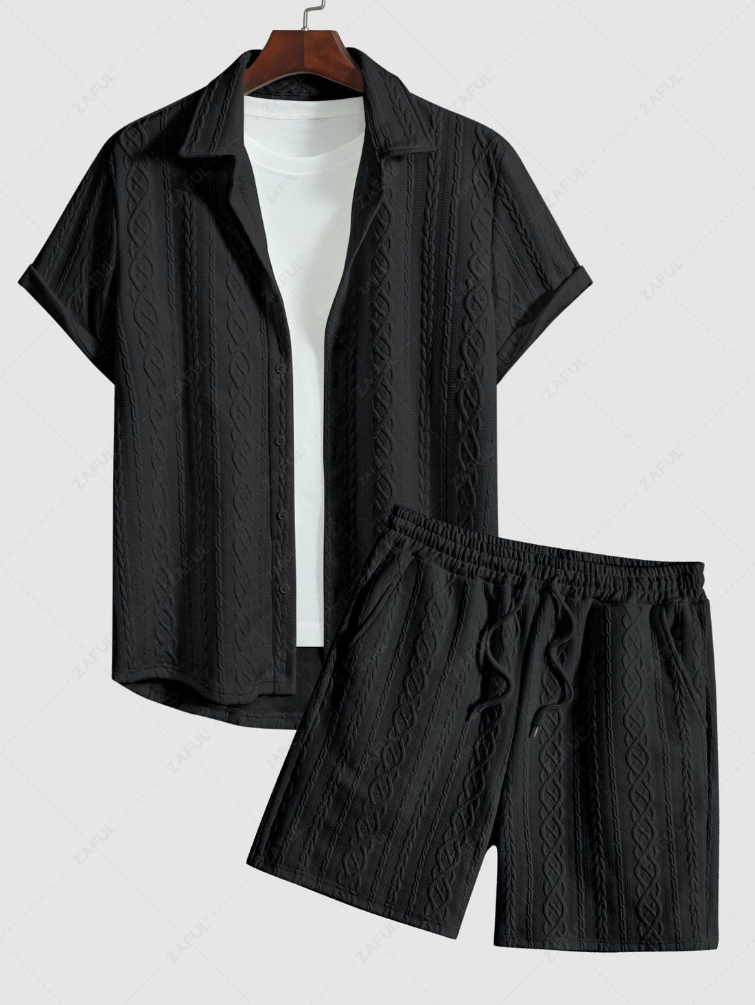 Men\'s Solid Color Cable Knit Jacquard Textured Button Up Short Sleeves Shirt And Drawstring Shorts Set WHITE BLACK COFFEE - PURECLO