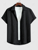 Men\'s Solid Color Cable Knit Jacquard Textured Button Up Short Sleeves Shirt And Drawstring Shorts Set WHITE BLACK COFFEE - PURECLO