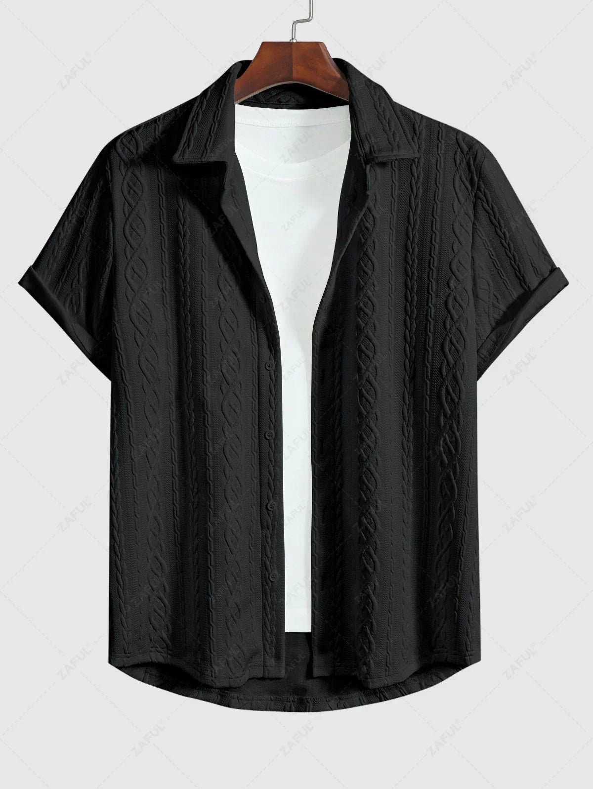 Men\'s Solid Color Cable Knit Jacquard Textured Button Up Short Sleeves Shirt And Drawstring Shorts Set WHITE BLACK COFFEE - PURECLO