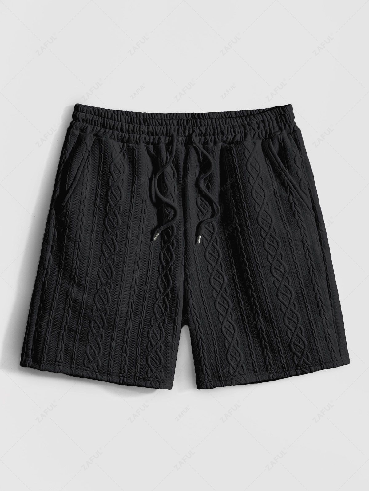 Men\'s Solid Color Cable Knit Jacquard Textured Button Up Short Sleeves Shirt And Drawstring Shorts Set WHITE BLACK COFFEE - PURECLO