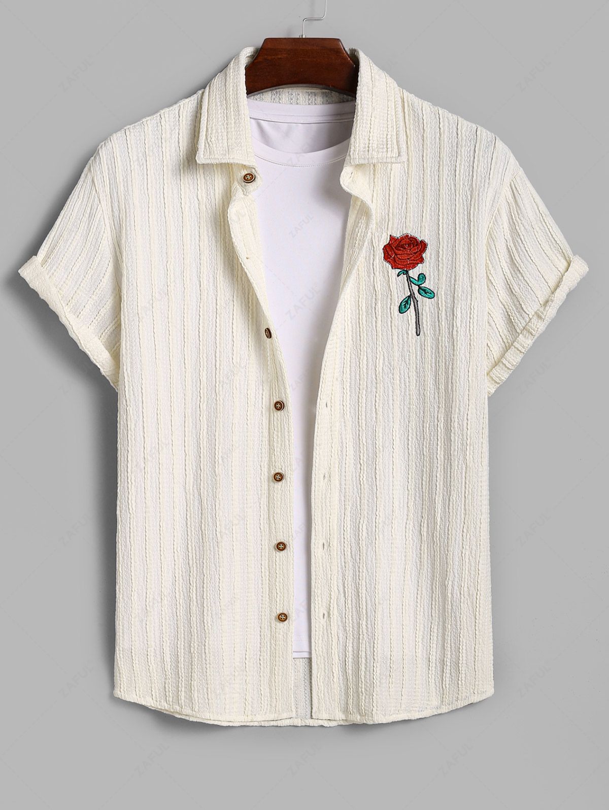 Men\'s Casual Wavy Stripes Textured Floral Rose Embroidered Button Up Short Sleeves Shirt LIGHT COFFEE - PURECLO