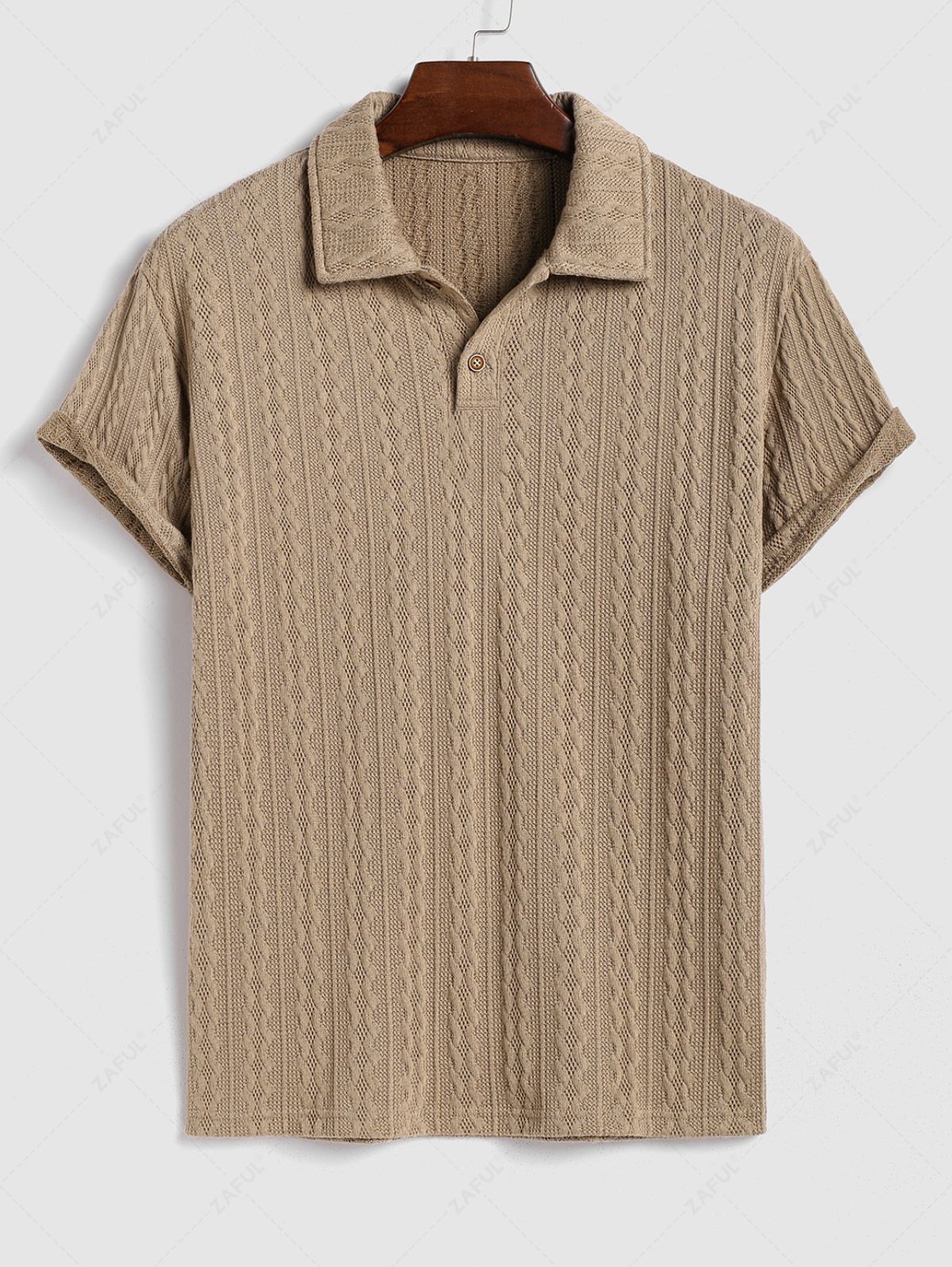 Men\'s Solid Color Knit Jacquard Textured Polo Collar Half Buttoned Short Sleeves T-shirt COFFEE - PURECLO