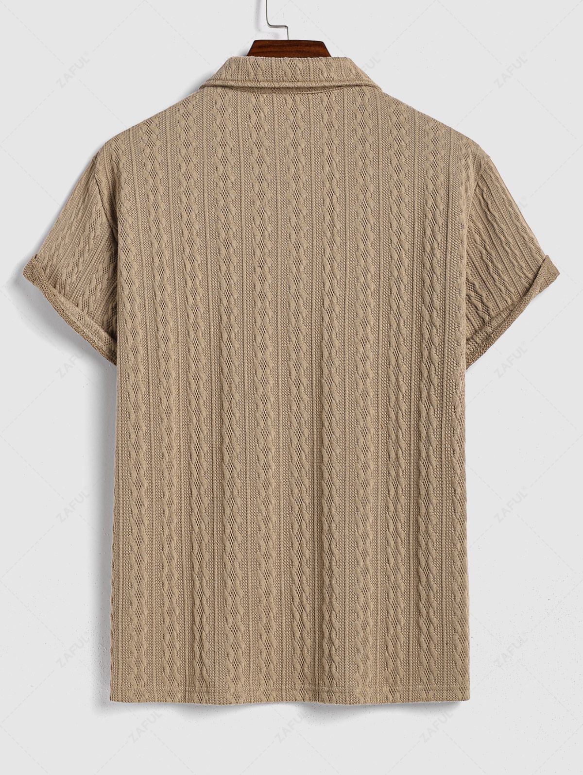 Men\'s Solid Color Knit Jacquard Textured Polo Collar Half Buttoned Short Sleeves T-shirt COFFEE - PURECLO