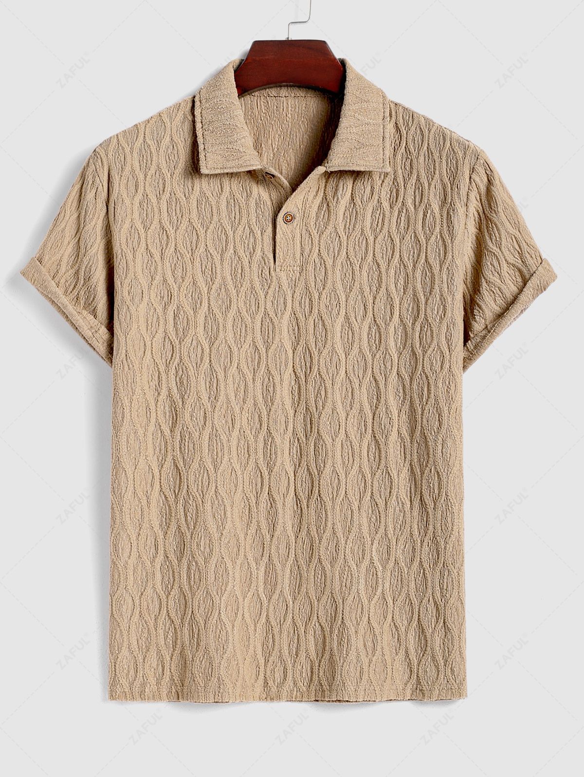 Men\'s Breathable Lace Wavy Jacquard Textured Polo Collar Half Buttoned Short Sleeves T-shirt COFFEE - PURECLO