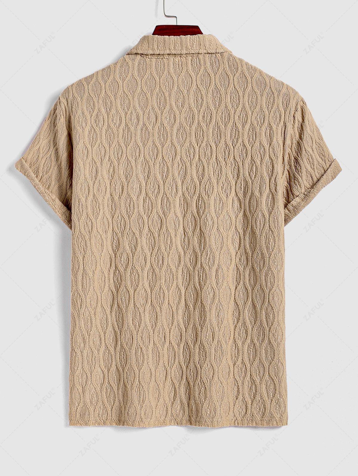 Men\'s Breathable Lace Wavy Jacquard Textured Polo Collar Half Buttoned Short Sleeves T-shirt COFFEE - PURECLO