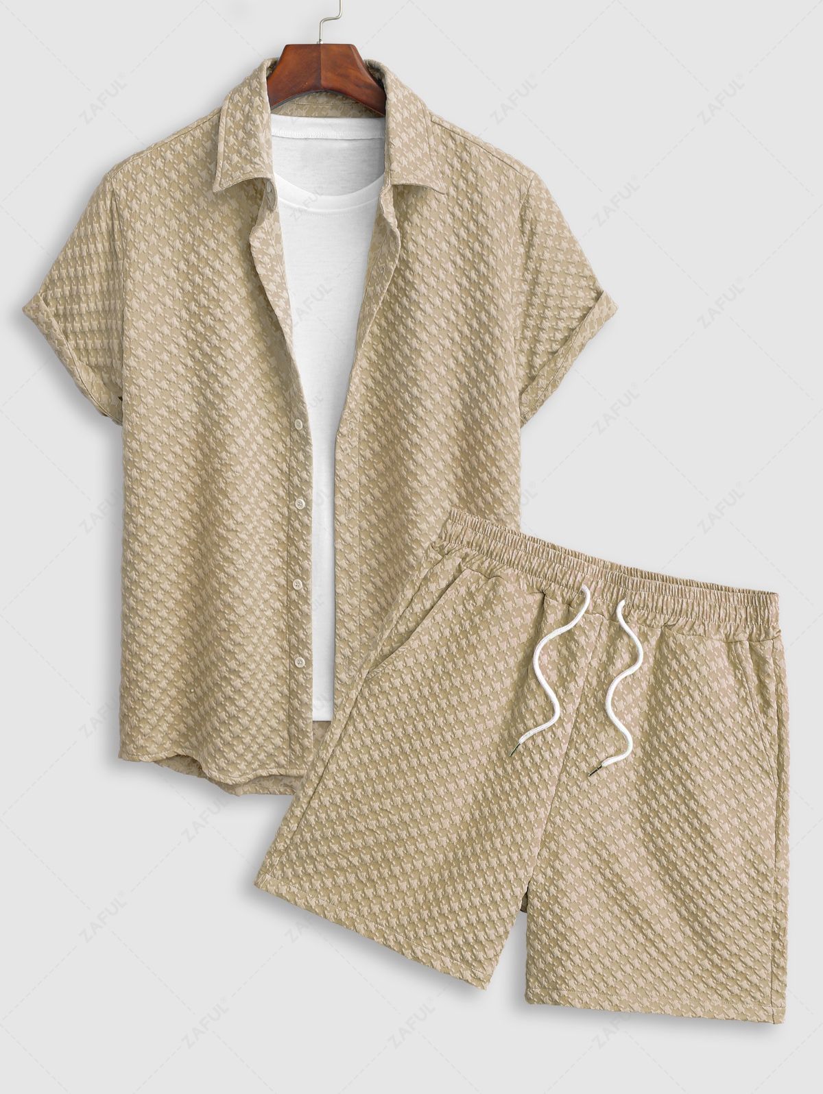 Men\'s Casual Jacquard Textured Button Up Short Sleeves Shirt And Drawstring Shorts Set LIGHT COFFEE LIGHT BLUE BLACK - PURECLO