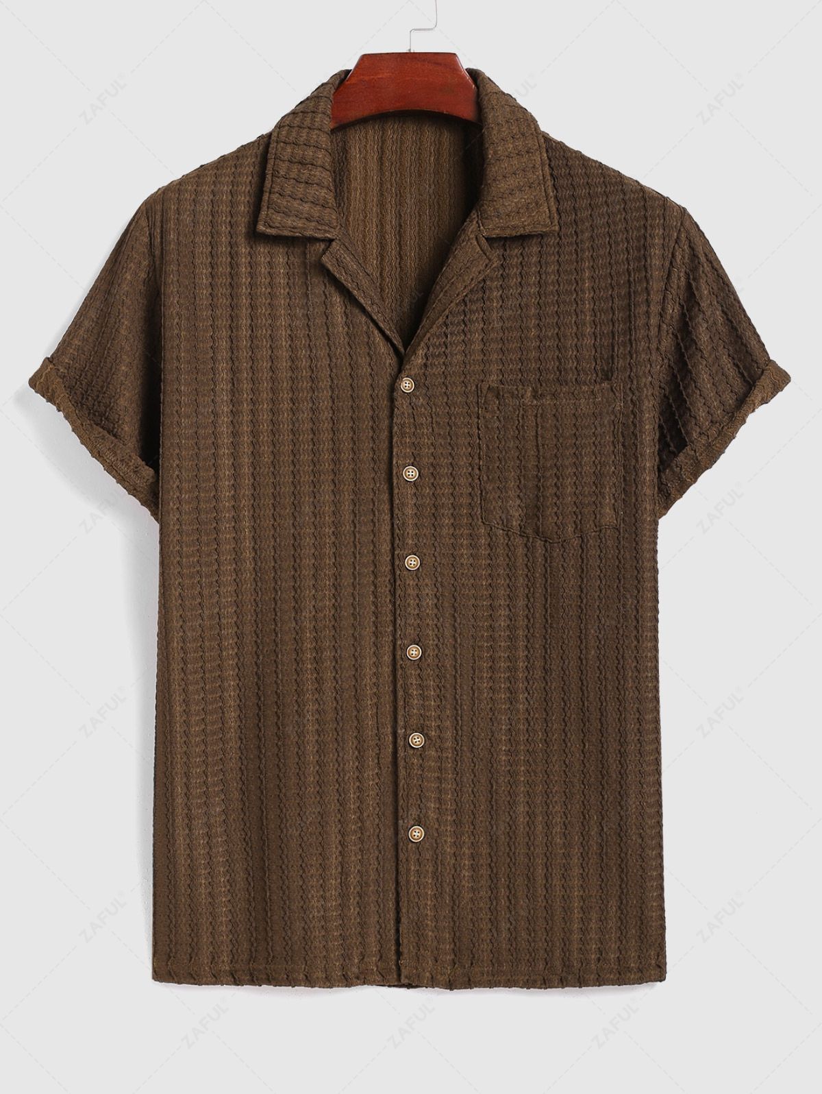 Men\'s Casual Wavy Textured Front Pocket Camp Collar Button Up Short Sleeves Shirt DEEP COFFEE - PURECLO