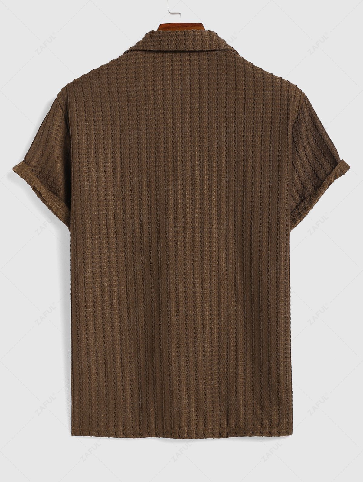 Men\'s Casual Wavy Textured Front Pocket Camp Collar Button Up Short Sleeves Shirt DEEP COFFEE - PURECLO