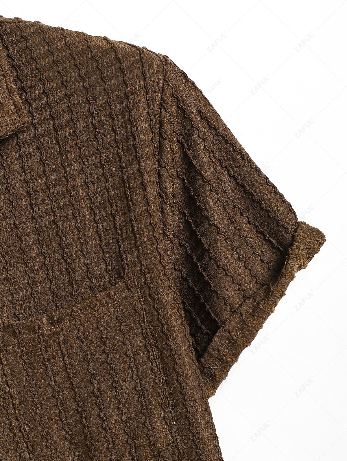 Men\'s Casual Wavy Textured Front Pocket Camp Collar Button Up Short Sleeves Shirt DEEP COFFEE - PURECLO
