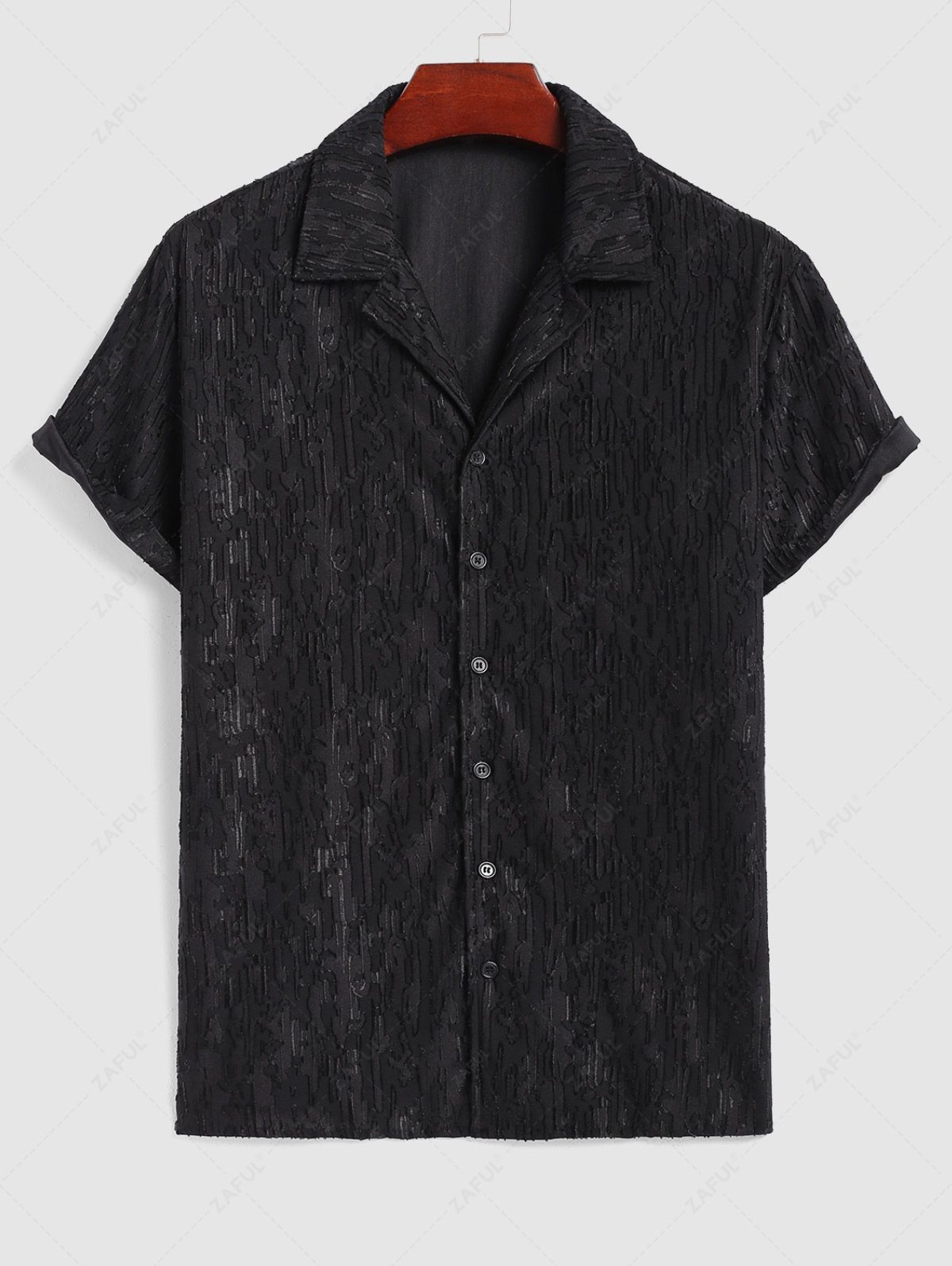 Men\'s Summer Breathable See Through Sheer Jacquard Textured Camp Collar Button Up Short Sleeves Shirt BLACK - PURECLO