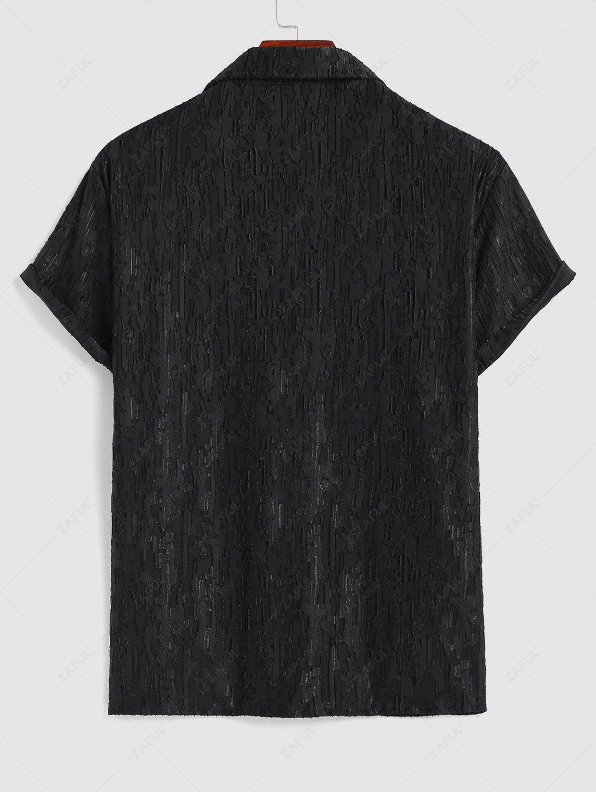Men\'s Summer Breathable See Through Sheer Jacquard Textured Camp Collar Button Up Short Sleeves Shirt BLACK - PURECLO