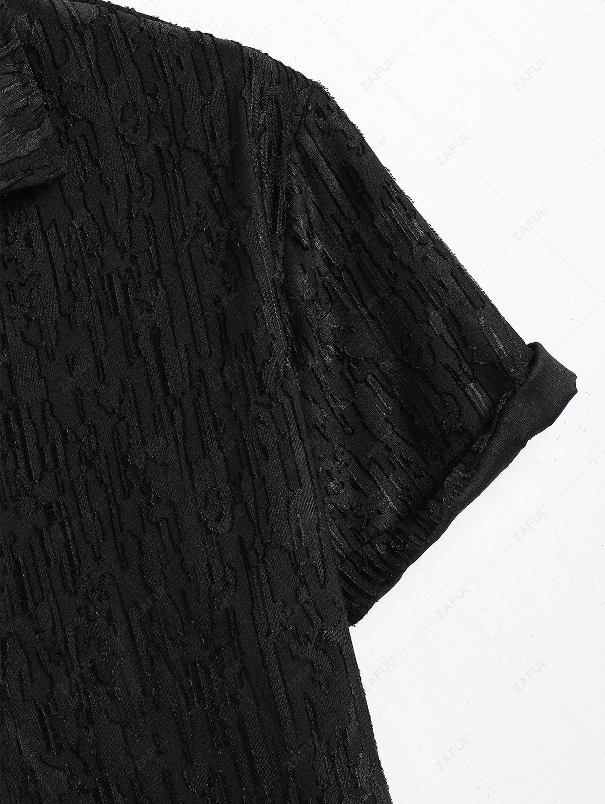 Men\'s Summer Breathable See Through Sheer Jacquard Textured Camp Collar Button Up Short Sleeves Shirt BLACK - PURECLO