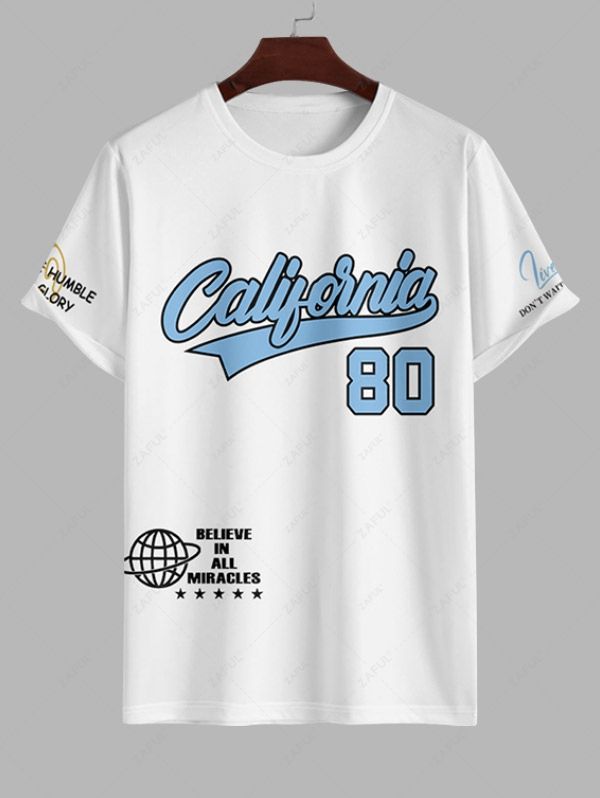 Men\'s Letter Number Stars Globe Icon Graphic Printed Crew Neck Short Sleeves T-shirt And Drawstring Casual Shorts Set CRYSTAL BLUE VALENTINE RED - PURECLO