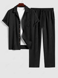 Men\'s Cotton And Linen Textured Pocket Design Camp Collar Button Up Short Sleeves Shirt And Drawstring Straight Leg Pants Set BLACK LIGHT BLUE COFFEE - PURECLO