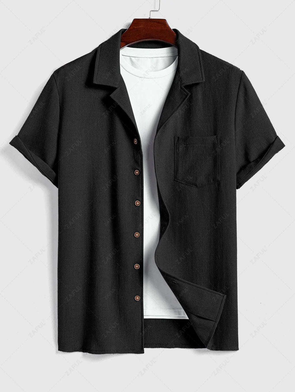 Men\'s Cotton And Linen Textured Pocket Design Camp Collar Button Up Short Sleeves Shirt And Drawstring Straight Leg Pants Set BLACK LIGHT BLUE COFFEE - PURECLO