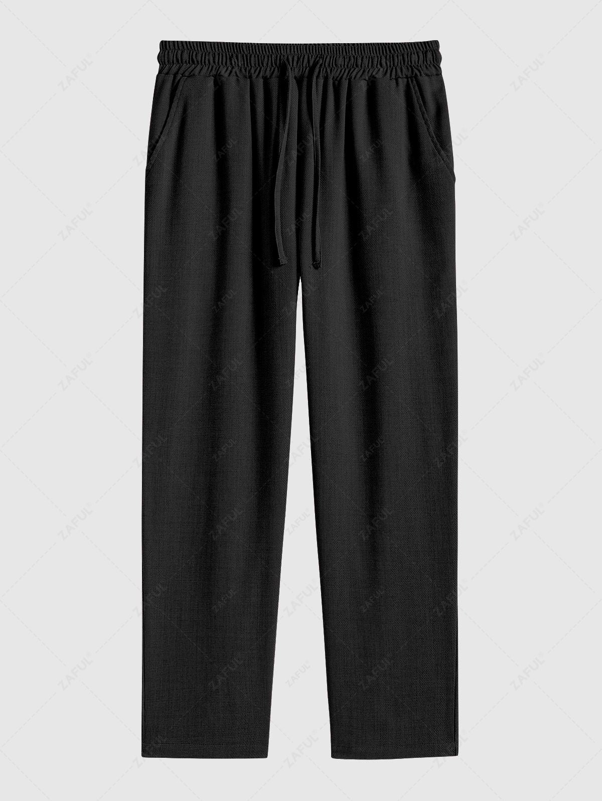 Men\'s Cotton And Linen Textured Pocket Design Camp Collar Button Up Short Sleeves Shirt And Drawstring Straight Leg Pants Set BLACK LIGHT BLUE COFFEE - PURECLO