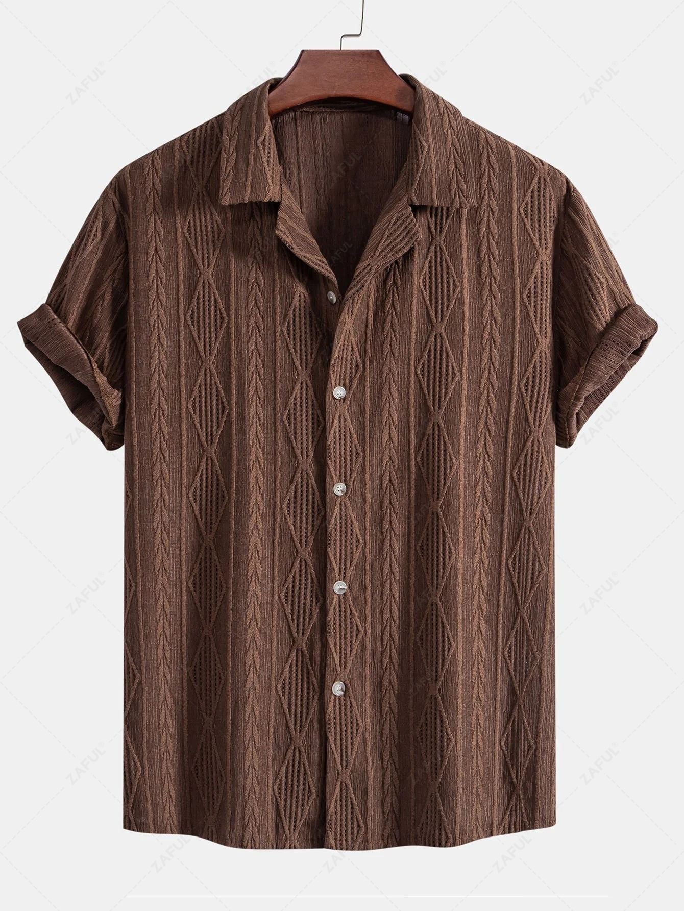 ZAFUL Men\'s Camp Collar Button Up Geometric Jacquard Openwork Short Sleeves Shirt DEEP COFFEE BLACK WHITE - PURECLO
