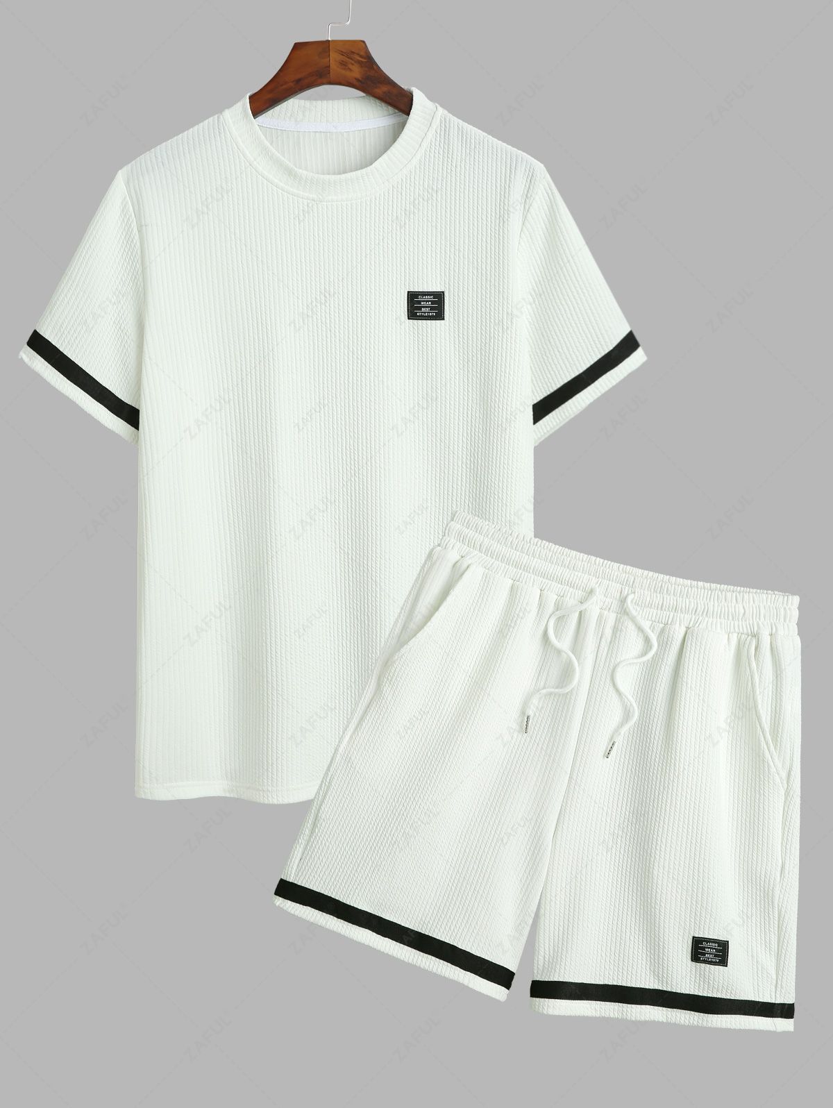 Men\'s Colorblock Jacquard Textured Patch Design Crew Neck Short Sleeves T-Shirt And Drawstring Casual Shorts Set WHITE - PURECLO