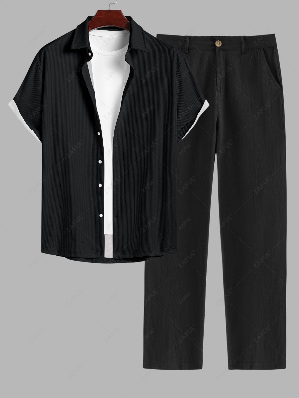 Men\'s Casual Solid Color Textured Button Up Short Sleeves Shirt And Cotton and Linen Straight Leg Pants Set BLACK WHITE - PURECLO