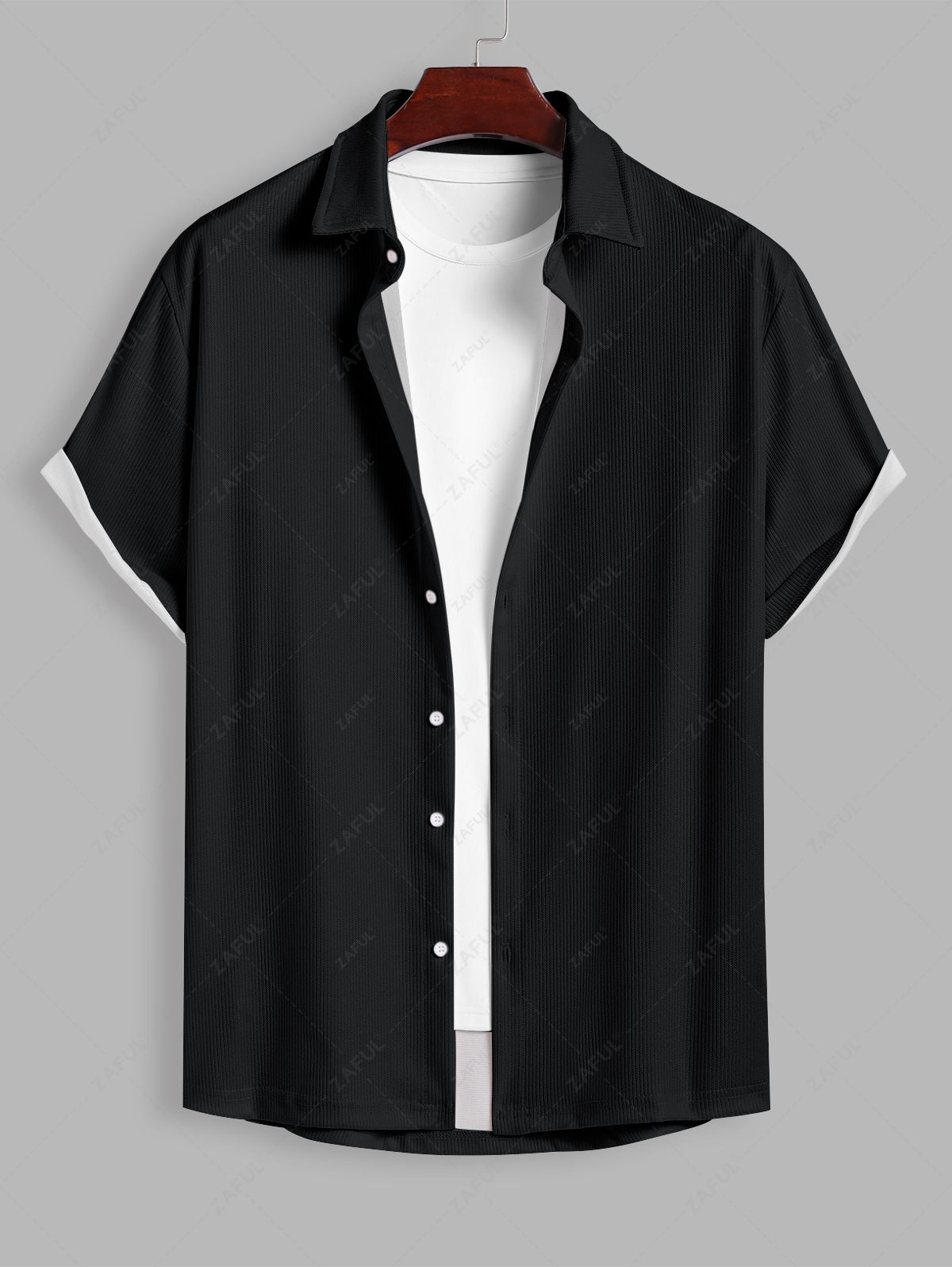 Men\'s Casual Solid Color Textured Button Up Short Sleeves Shirt And Cotton and Linen Straight Leg Pants Set BLACK WHITE - PURECLO