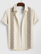 Men\'s Vintage Geometric Floral Leaves Shaped Embroidered Woven Tape Patched Button Up Short Sleeves Shirt APRICOT - PURECLO