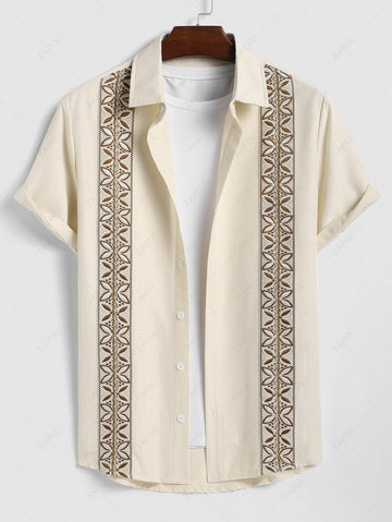 Men\'s Vintage Geometric Floral Leaves Shaped Embroidered Woven Tape Patched Button Up Short Sleeves Shirt APRICOT - PURECLO