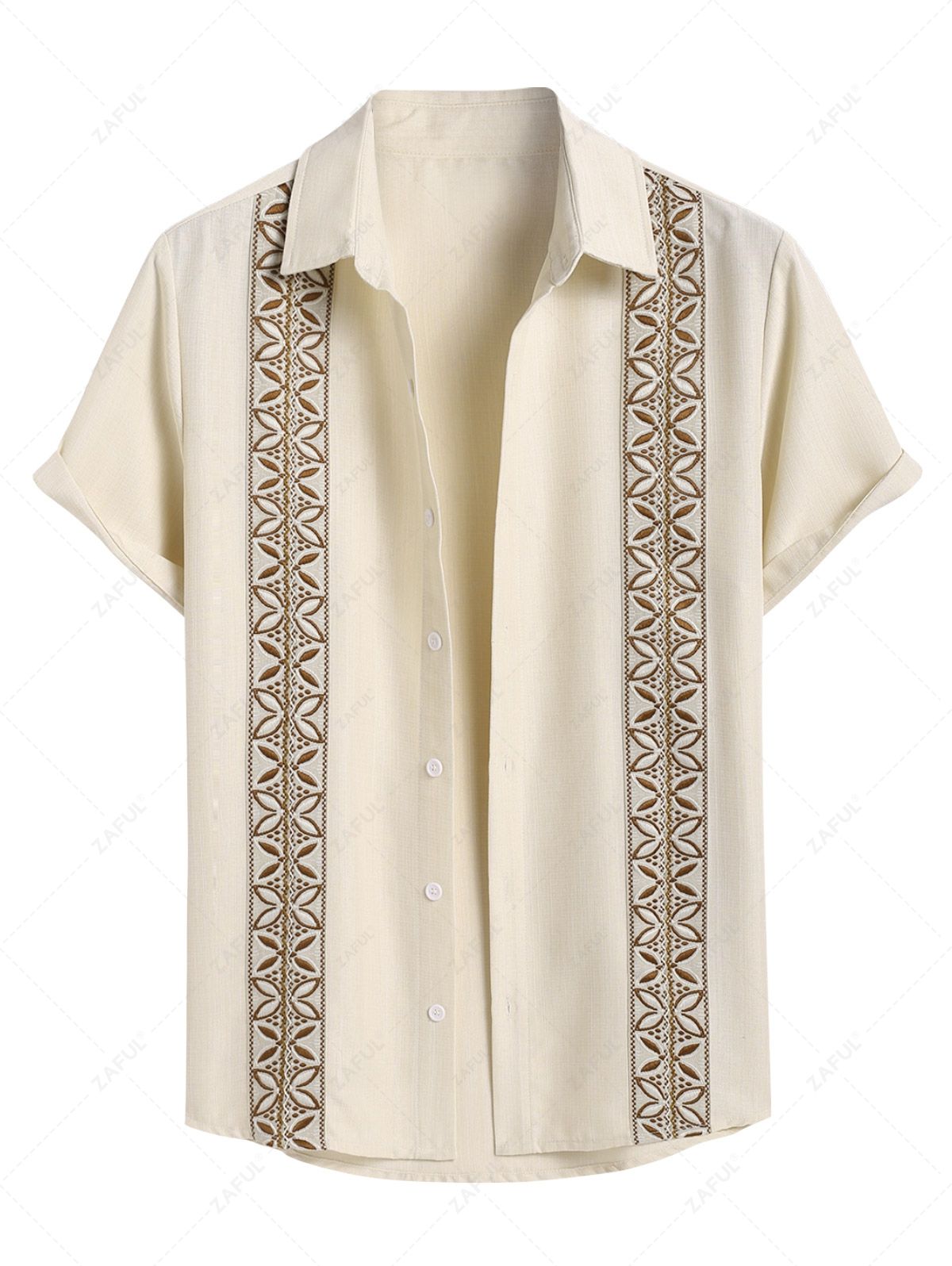 Men\'s Vintage Geometric Floral Leaves Shaped Embroidered Woven Tape Patched Button Up Short Sleeves Shirt APRICOT - PURECLO