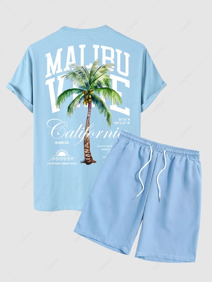 Men\'s Coconut Tree Sunrise California Letter Printed Short Sleeves T-shirt and Solid Color Basic Casual Shorts Set LIGHT BLUE BLUE WHITE - PURECLO